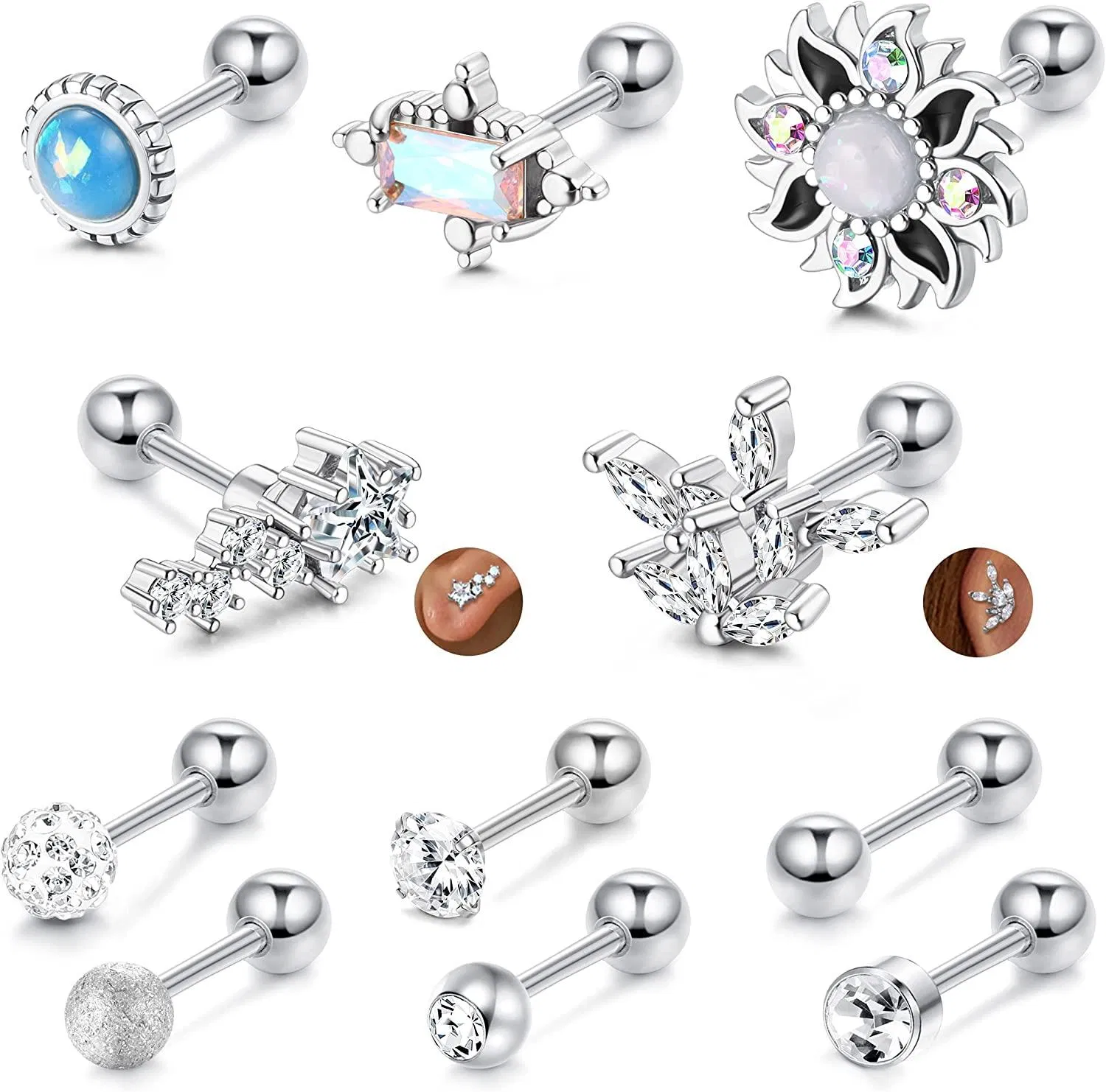 11Pcs 16G Stainless Cartilage Stud Earrings Earrings CZ Opal Rhinestone Conch Forward Helix Tragus Daith Piercing Set for Women - Grocery