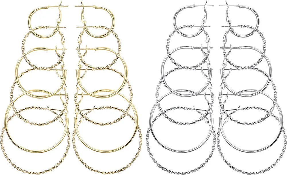 12 Pairs 2.5-5cm Hoop Earrings Pack Twisted Round Hoop Earrings Set Loop Earrings for Women - Grocery