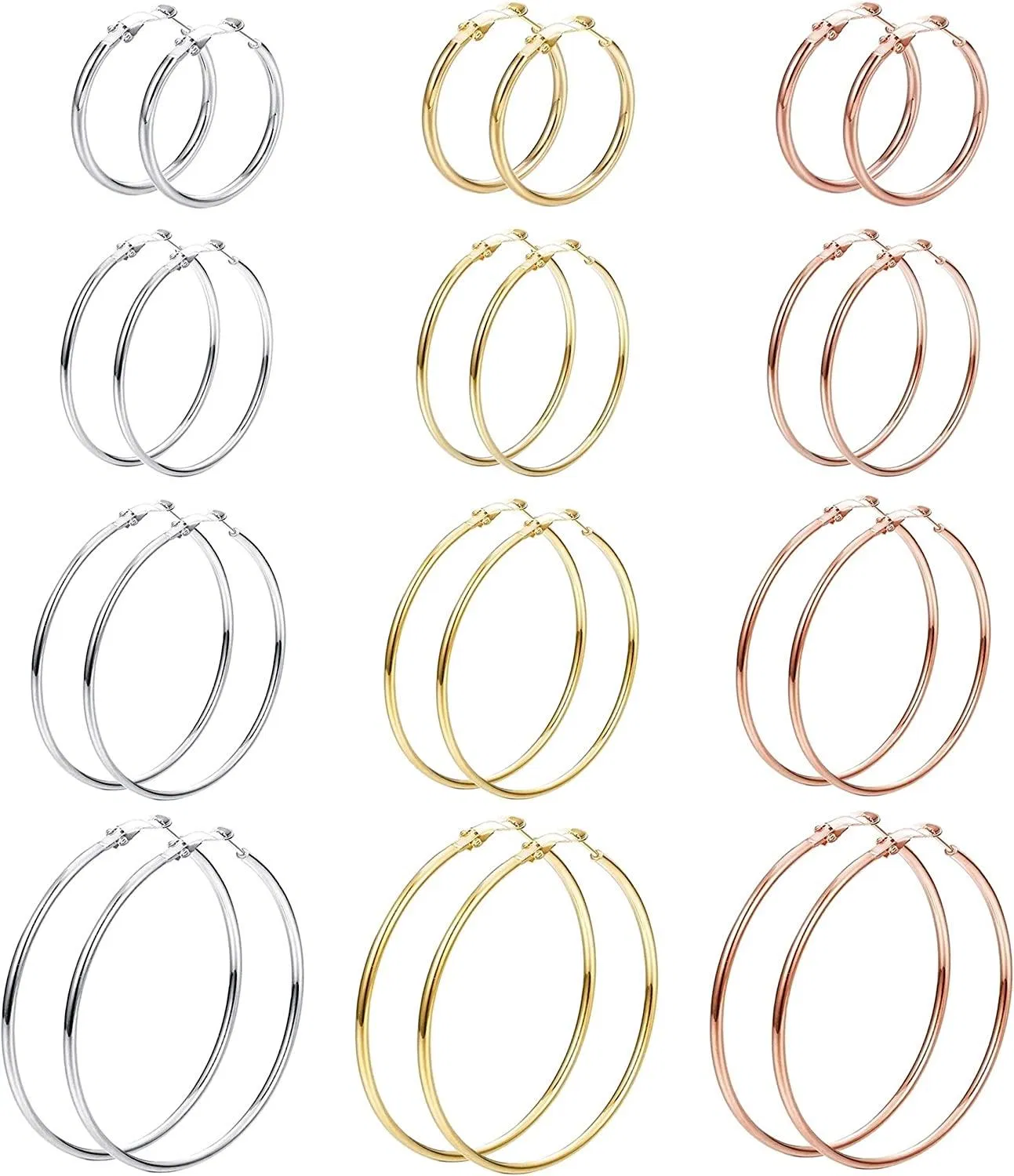 6 Pairs Stainless Gold Silver Plated Hoop Earrings for Women 30 40 50 60 mm - Grocery