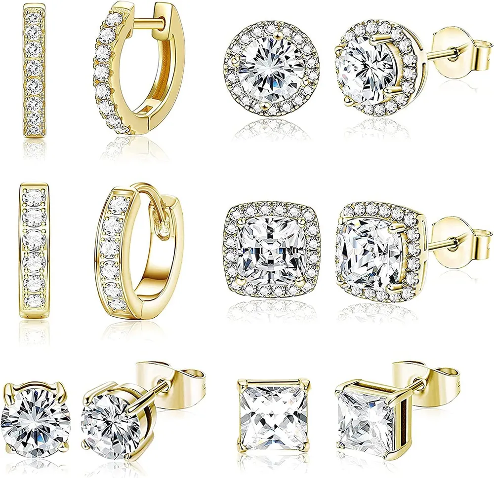 6 Pairs Stud Earrings for Women Round Square Clear CZ Halo Earrings Huggie Tiny Small Hoop Ear Piercing Set - Grocery