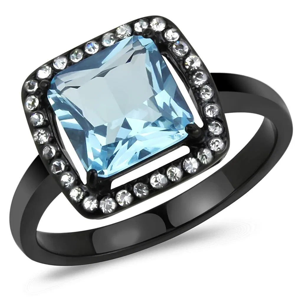 TK3447 - IP Black(Ion Plating) Stainless Steel Ring with Synthetic Synthetic Glass in Sea Blue - Grocery