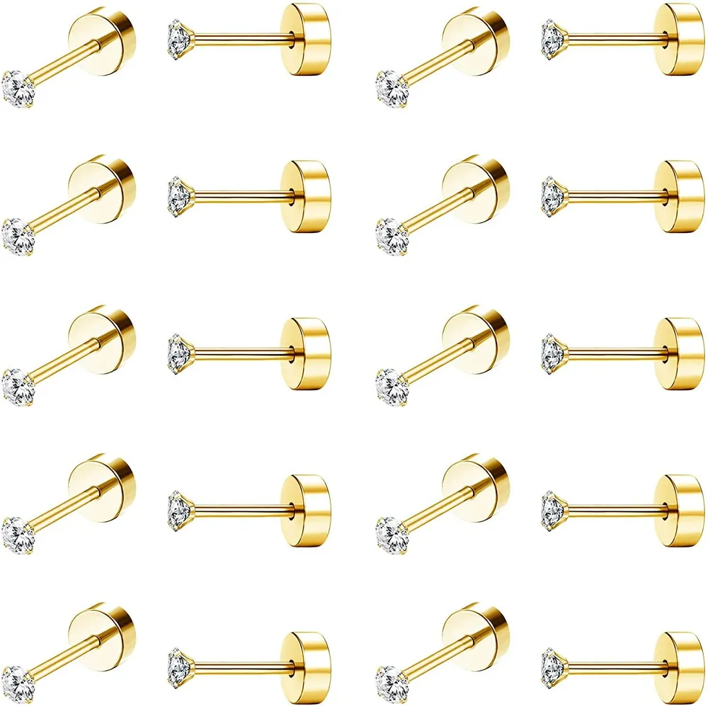 10Pairs 18G Stainless CZ Stud Earrings for Women Men Cartilage Helix Piercing Earring Round Cubic Zirconia Screw Flat Back Stud Ear Set - Grocery