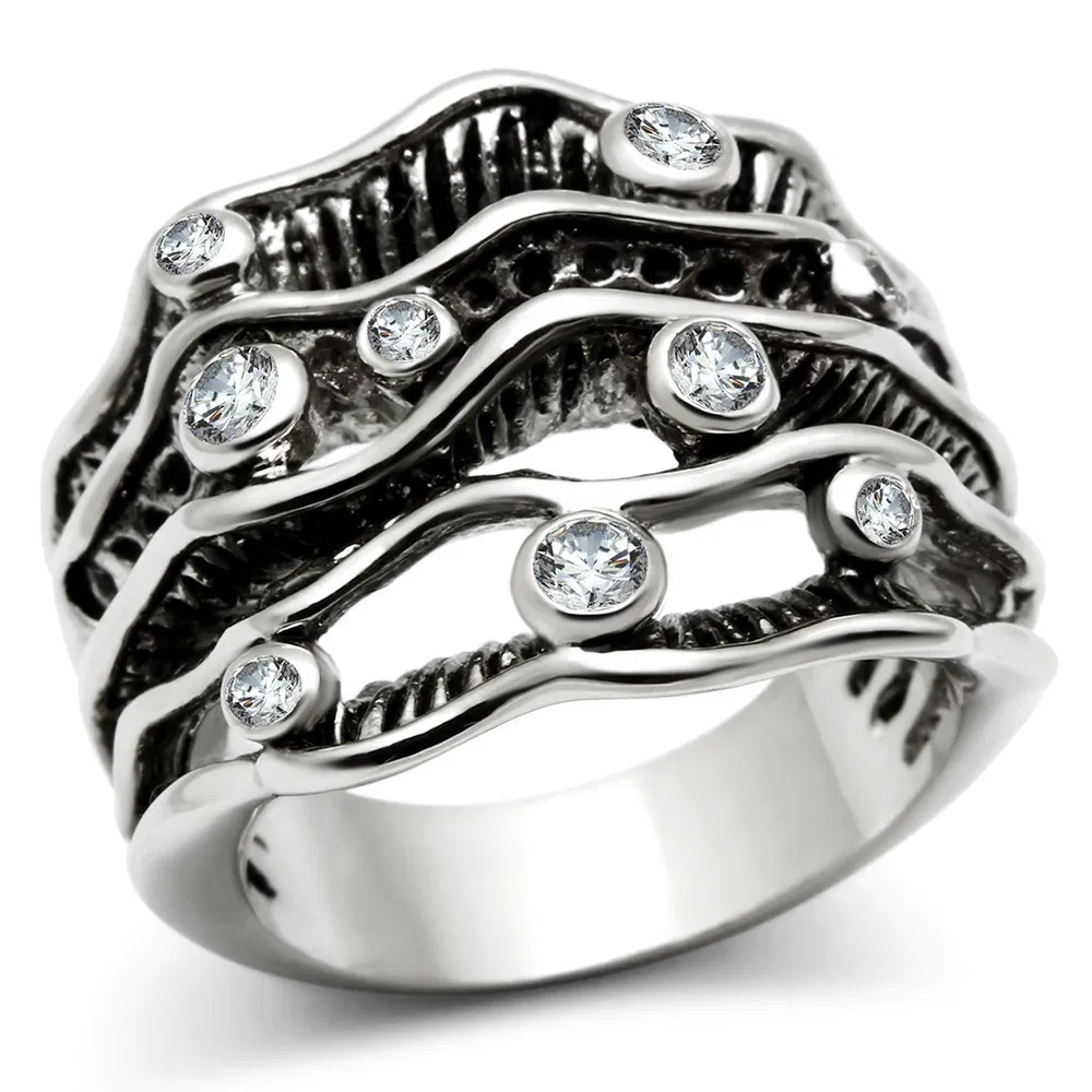 3W221 - Rhodium Brass Ring with AAA Grade CZ in Clear - Grocery