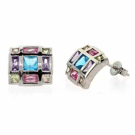 Sterling Silver Multi Color CZ Square Stud Earrings - Grocery