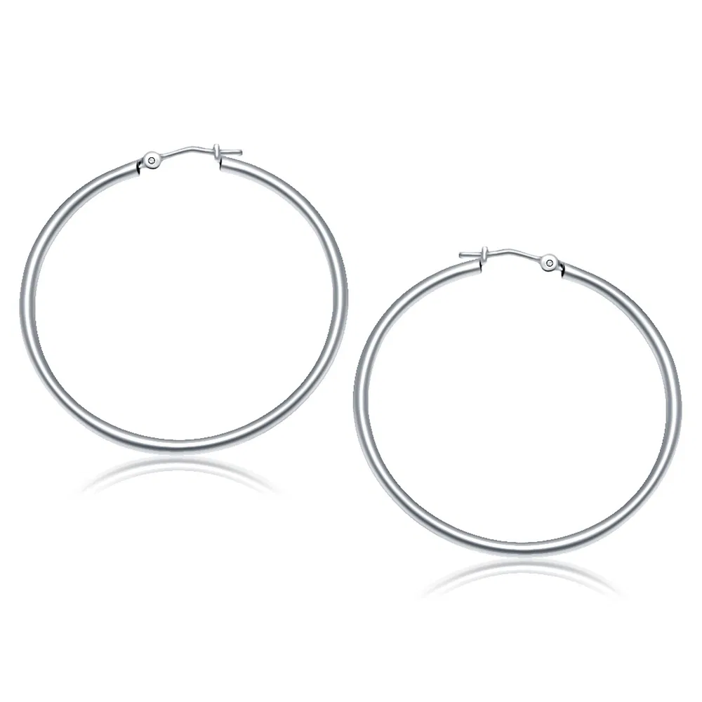 14k White Gold Polished Hoop Earrings (2x40mm) - Grocery