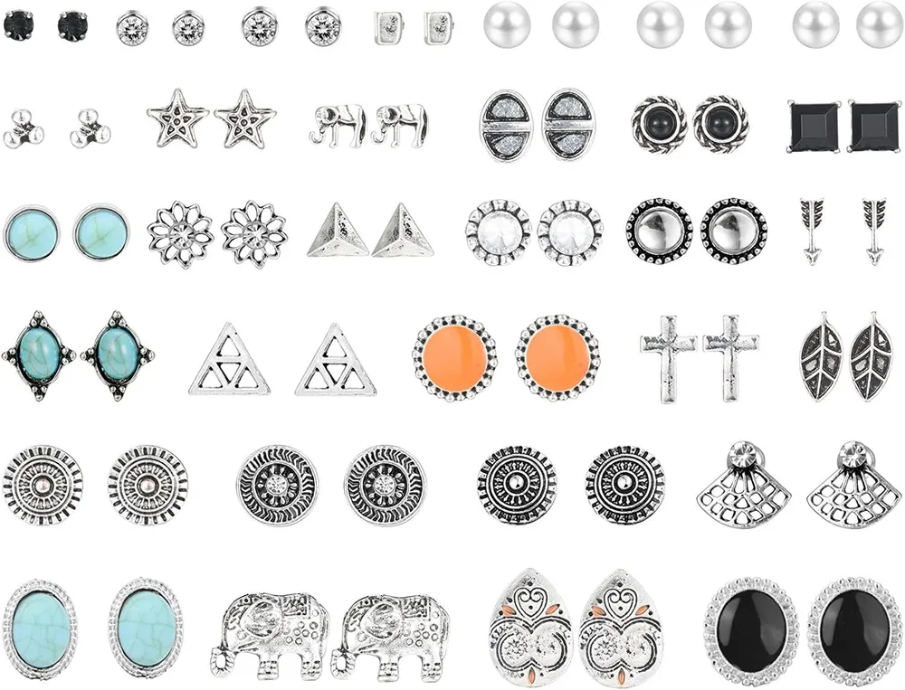32 Pairs Assorted Boho Stud Earrings Set For Women Multiple Stud Earrings Set Vintage Turquoise Round Ball CZ Earrings Pack - Grocery
