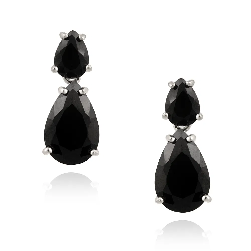 Sterling Silver 8.4ct Black Spinel Double Teardrops Dangling Earrings - Grocery