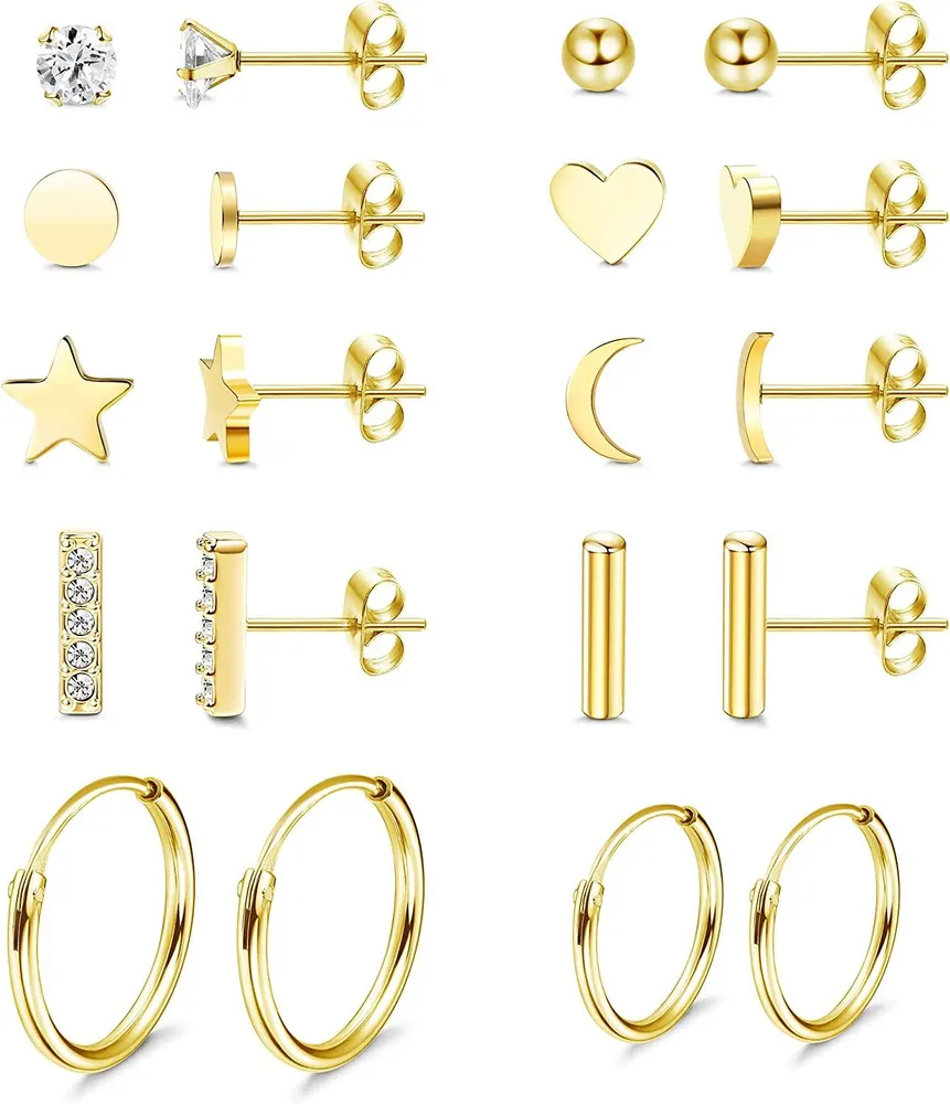 10Pairs Stainless Earrings Stud for Women Men Bar Ball Moon and Star Earrings CZ Stud Small Hoop Earrings for Sensitive Ear - Grocery