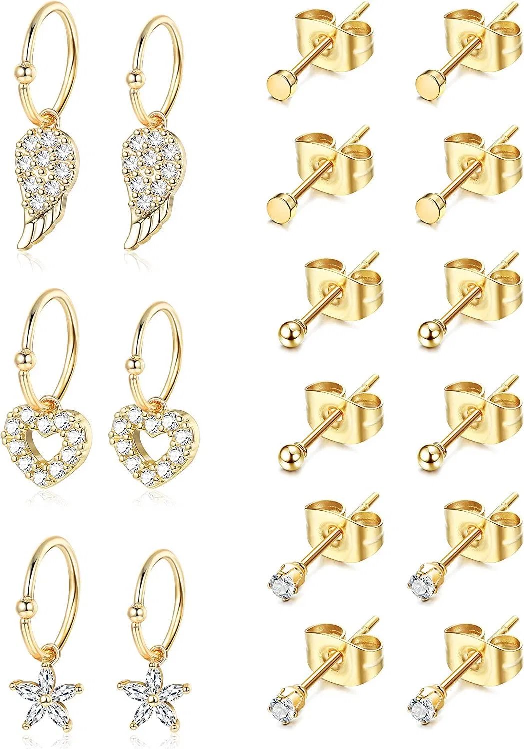 18Pcs 16-20G Feather Heart Flower Hoop Cartilage Earring for Women Men 316L Stainless Tiny CZ Ball Stud Earrings - Grocery