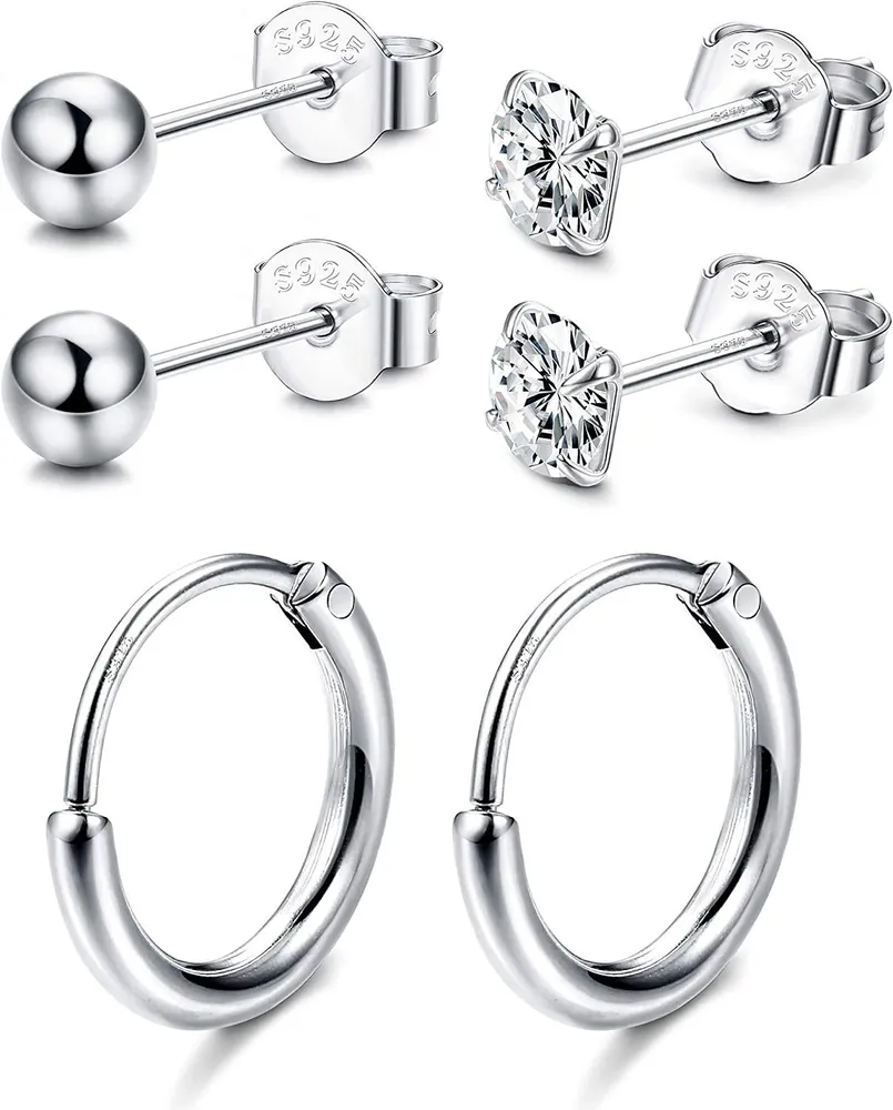3 Pairs 925 Sterling Stud Earrings for Women Round Ball Cubic Zirconia Stud Earrings Cartilage Hoop Earrings Set - Grocery
