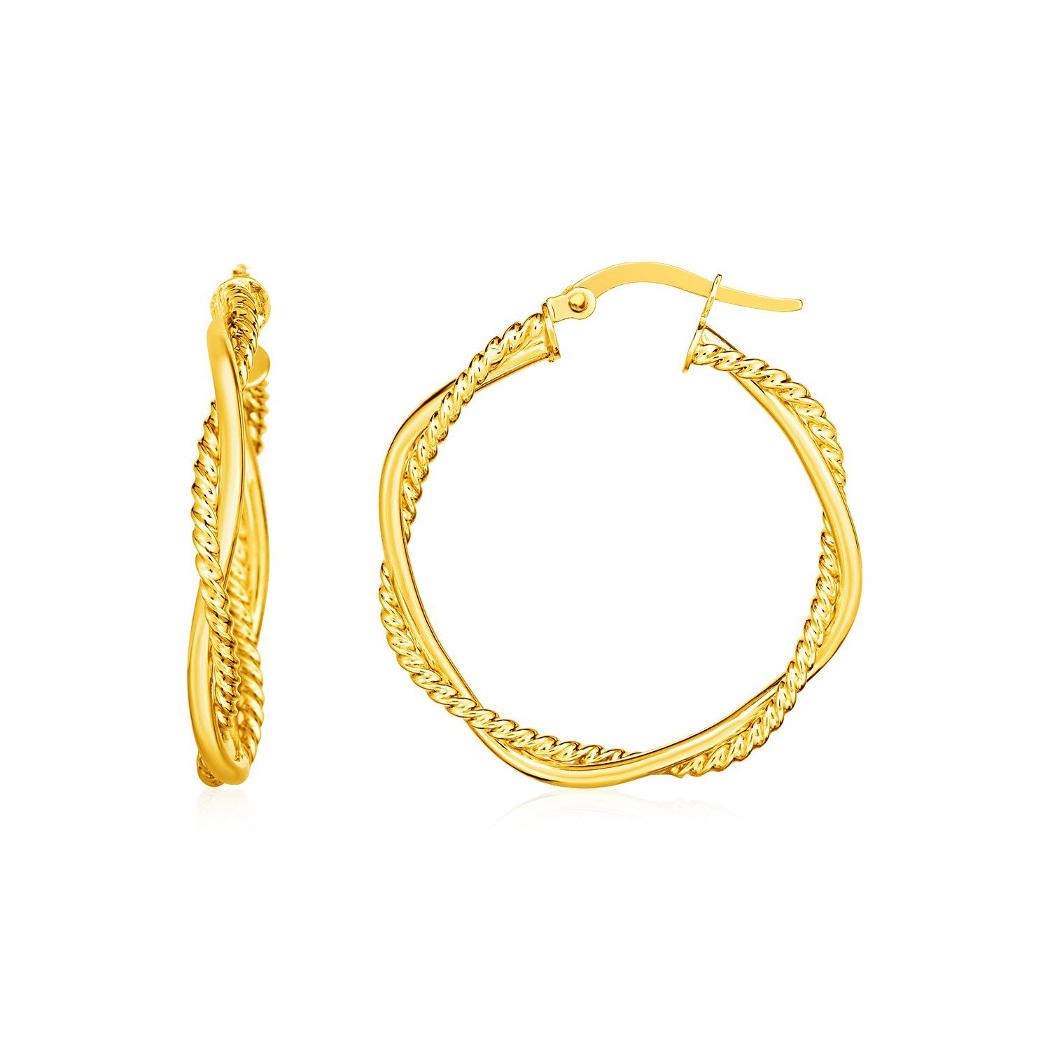 14k Yellow Gold Two Part Textured Twisted Round Hoop Earrings(3x25mm) - Grocery