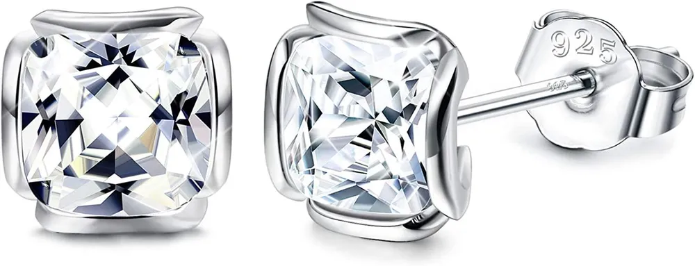 Austrian Zirconia 925 CZ Stud Earrings for Women Sterling Square Ear Piercing Studs Hypoallergenic - Grocery