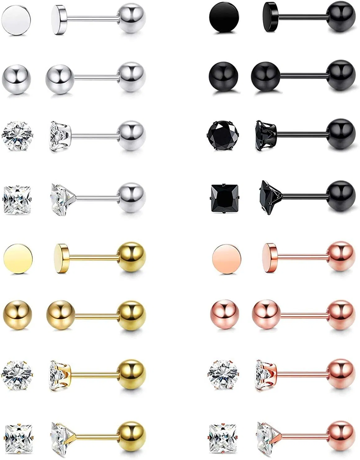 16Pairs 20G 316 Stainless Stud Earrings Barbell Cartilage Tragus Helix Earring Piercing Multicolor CZ Round Ball Earrings Set for Women Men - Grocery