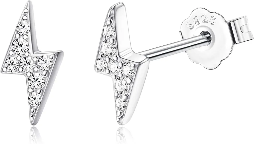 925 Sterling Silver Lightning Bolt Small Stud Earrings; set with Austria Crystals mini Thunder Earrings for Women for Anniversary Birthday - Grocery