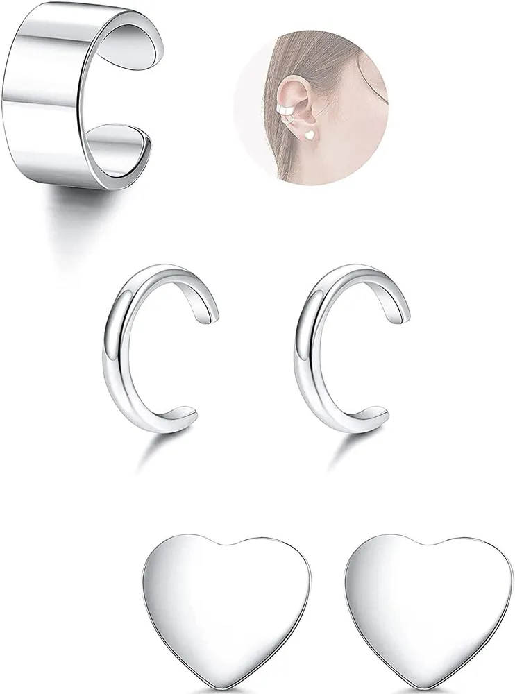 Sterling Silver CZ Ear Cuff Earrings for women Minimalist Fake Clip on Non Piercing Earring Adjustable Climber Cuff Earrings Set - Grocery