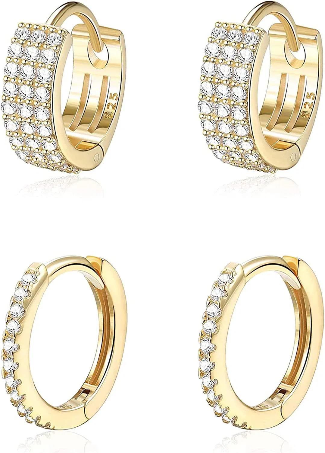 2 Pairs Sterling Small Hoop Earrings for Women 18K Huggie Hoop Earrings Cubic Zirconia Paved Hoop Earrings Simulated Diamond Cartilage Cuff Huggie Hoops - Grocery