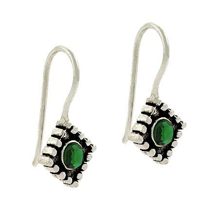 Sterling Silver Green Rhinestone & Bali Bead Aztec Drop Earrings - Grocery
