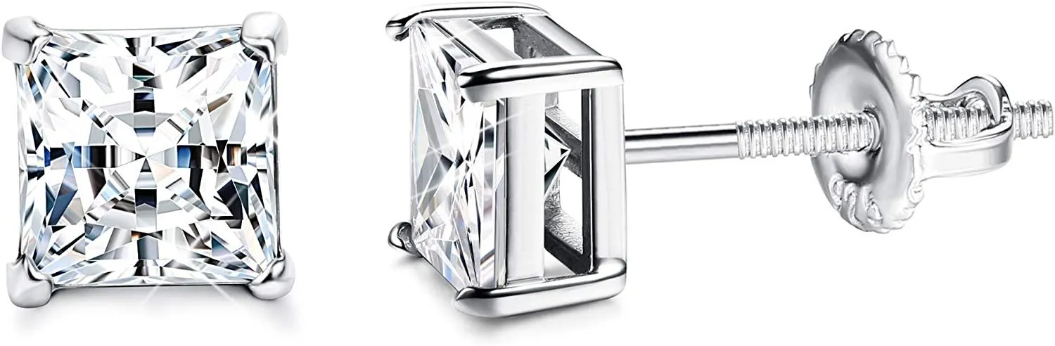 3mm 925 Sterling Silver Austria Cubic Zirconia Princess Cut Stud Earrings for Women Men White Gold Plated Screwback Earrings for Birthday Anniversary - Grocery