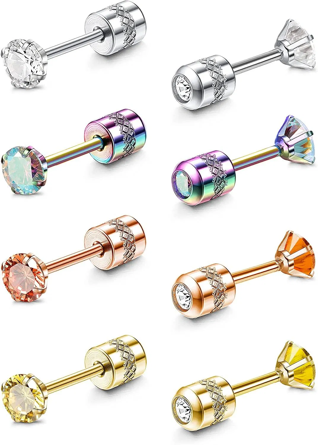 4Pairs 20G Stainless Stud Earrings Double Round Cubic Zirconia Tiny Cartilage Earring Studs Screw Back Piercing Set for Women Men 2-8mm - Grocery