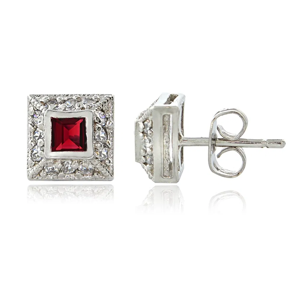 Sterling Silver Ruby Red CZ Square and CZ border stud Earrings - Grocery