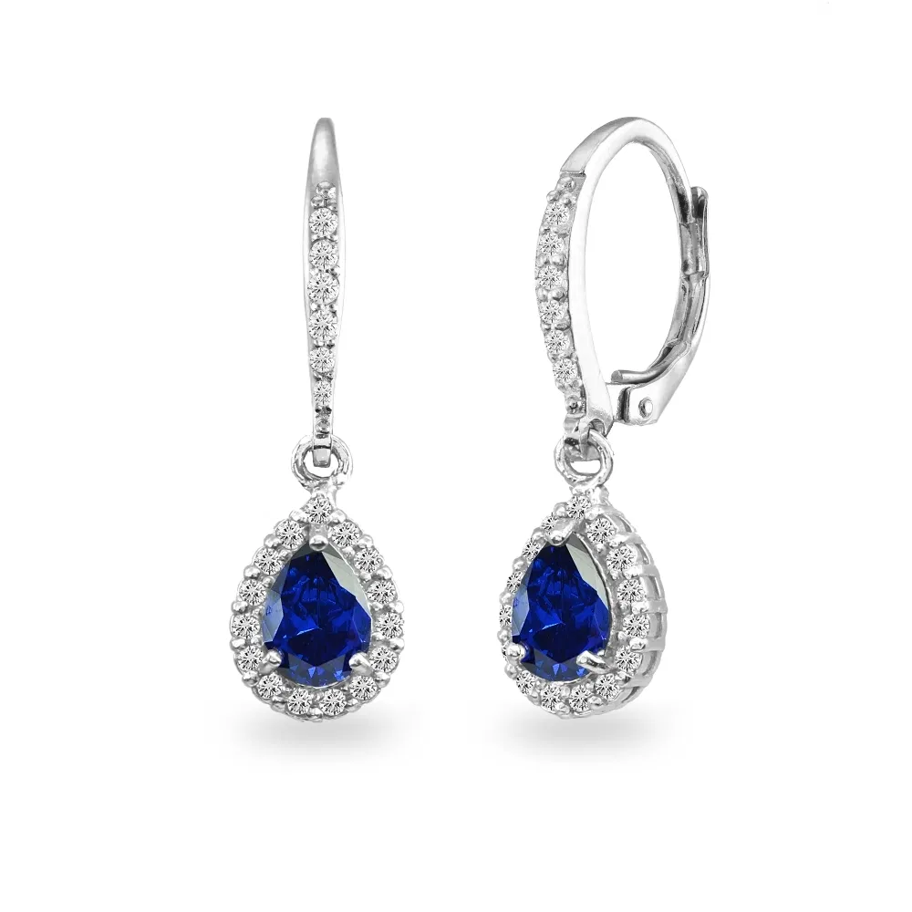 925 Silver Created Blue Sapphire Teardrop Dangle Halo Earrings with White Topaz - Grocery