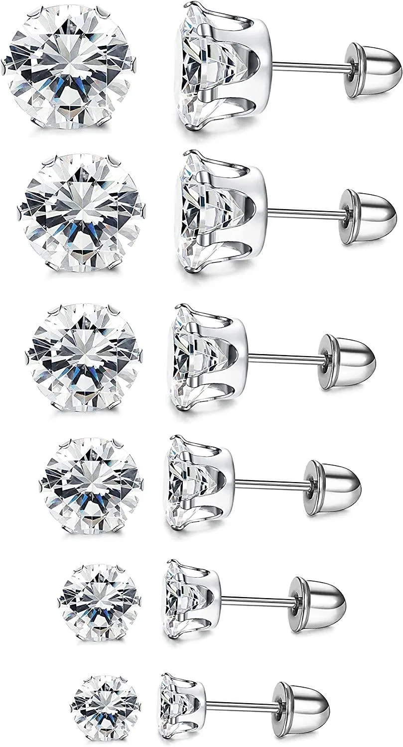 6 Pairs Stainless Heart Stud Cubic Zirconia Barbell Cartilage Tragus Helix Stud Earring 3-8MM - Grocery