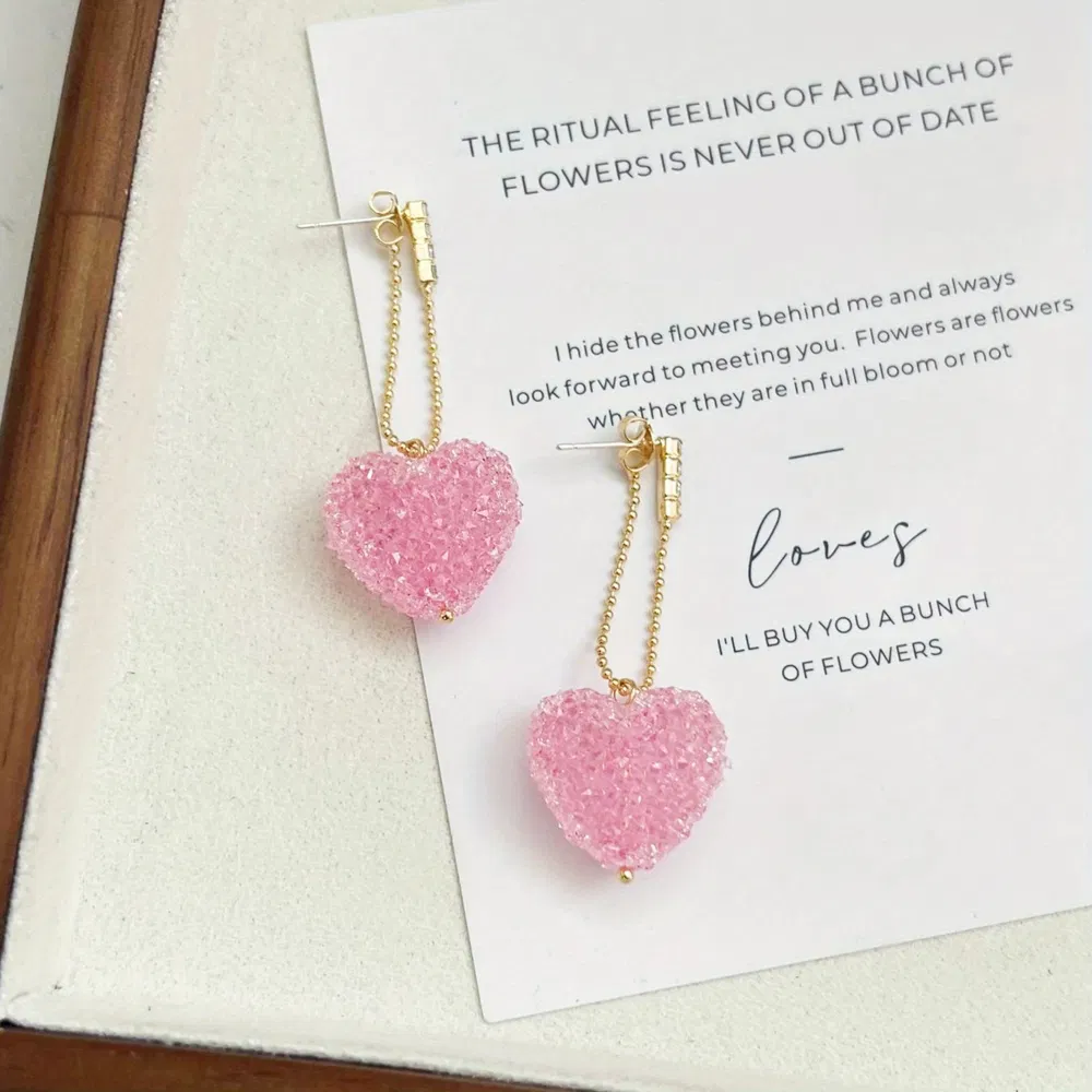 925 Silver Needle Niche Design Pink Love Sweet Temperament Premium Feeling Earrings Pink Candy Love Earrings Cute Sweet Premium Heart Zircon Earrings - Grocery