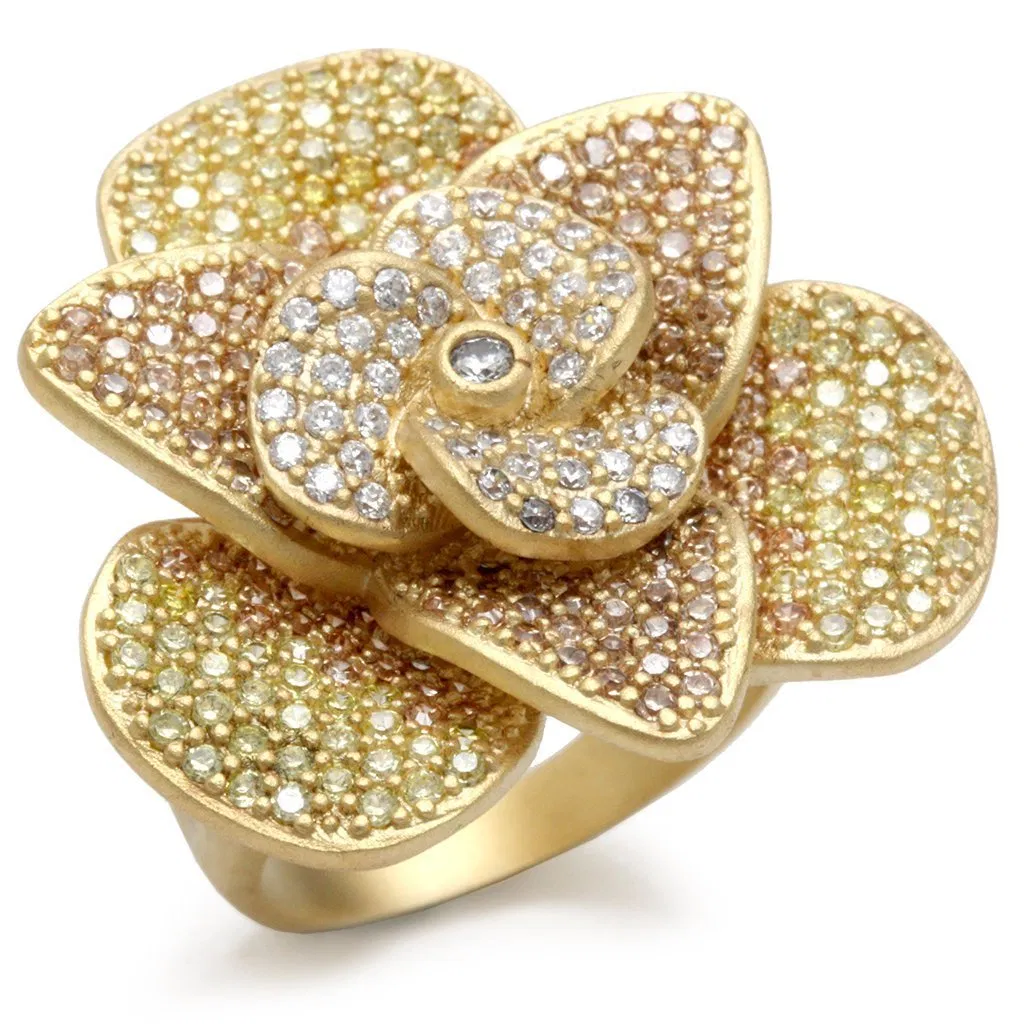 1W091 - Matte Gold Brass Ring with AAA Grade CZ in Multi Color - Grocery