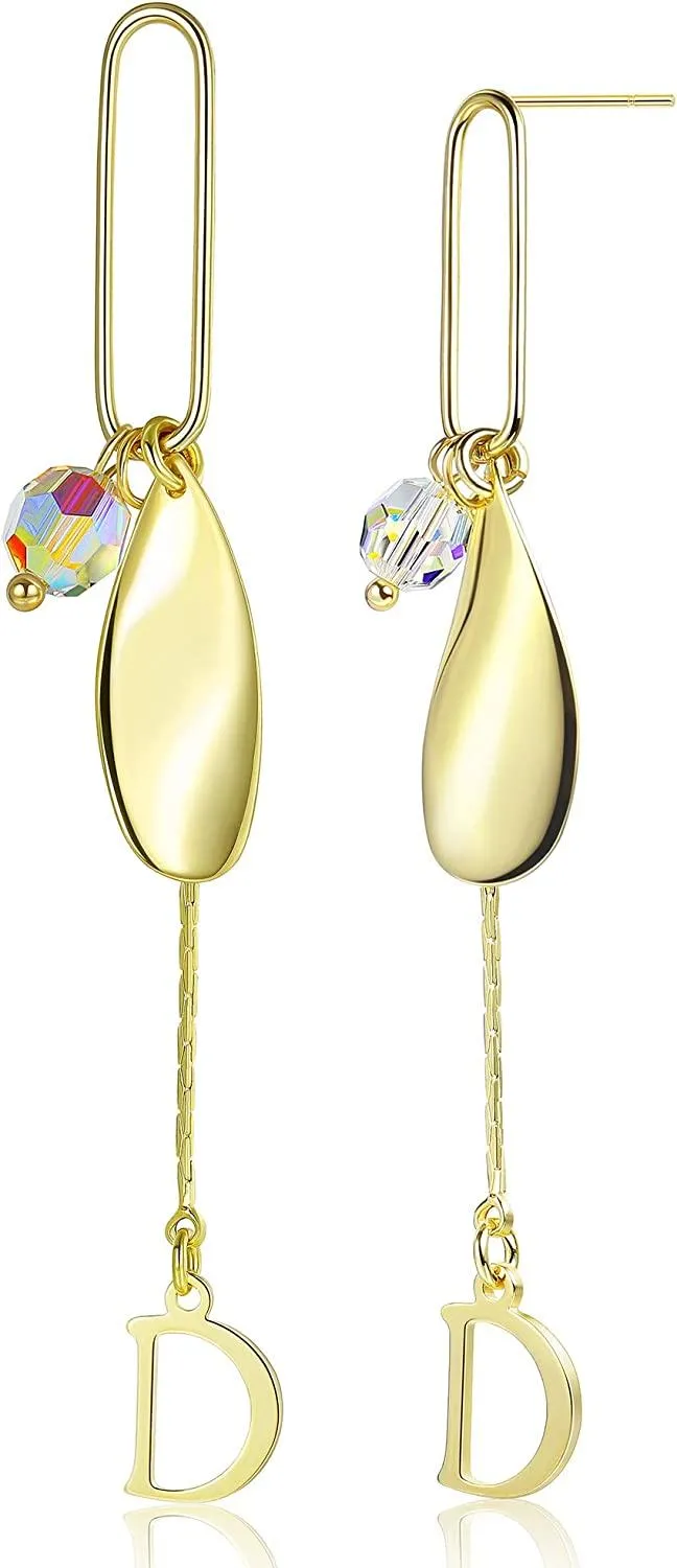 14K Gold D-shaped Letter Long Pendant Earrings for Women Austria Crystal Dangle Earrings for Anniversary Birthday - Grocery