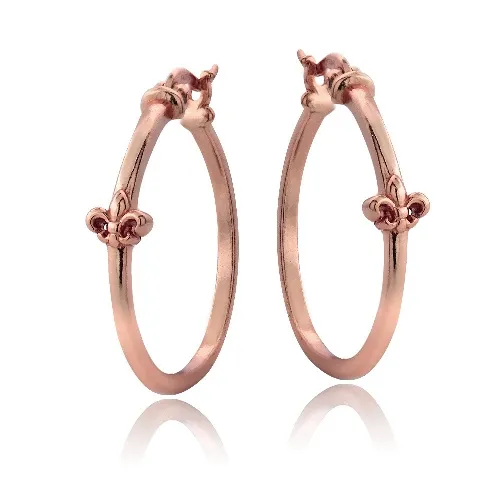 Rose Gold Tone over Sterling Silver Fleur de Lis Polished Hoop Earrings - Grocery