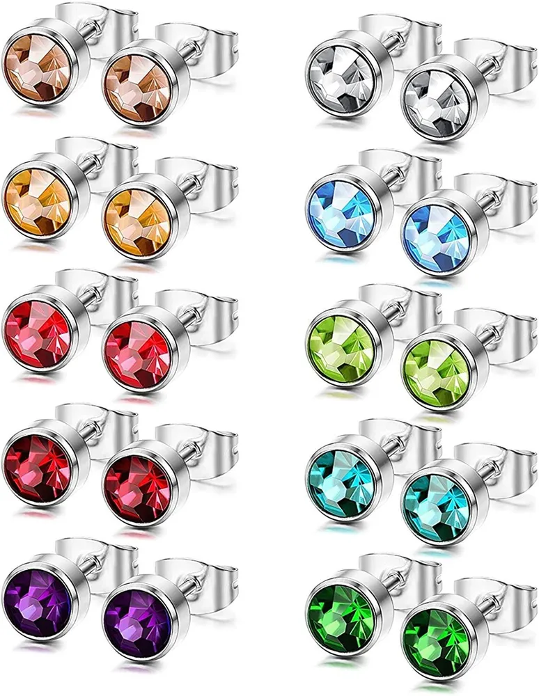 10 Pairs Stainless Stud Earrings for Men Women CZ Earrings Set; 4-6mm - Grocery