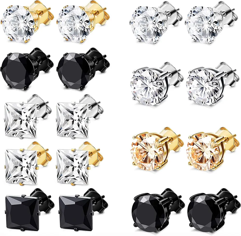 6 Pairs Stainless Stud Earrings for Men Women CZ Earrings; 3-8MM - Grocery