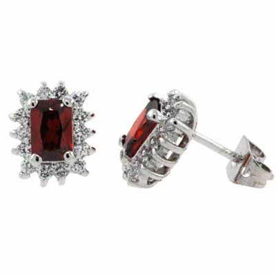 Sterling Silver Red & White CZ Rectangle Stud Earrings - Grocery