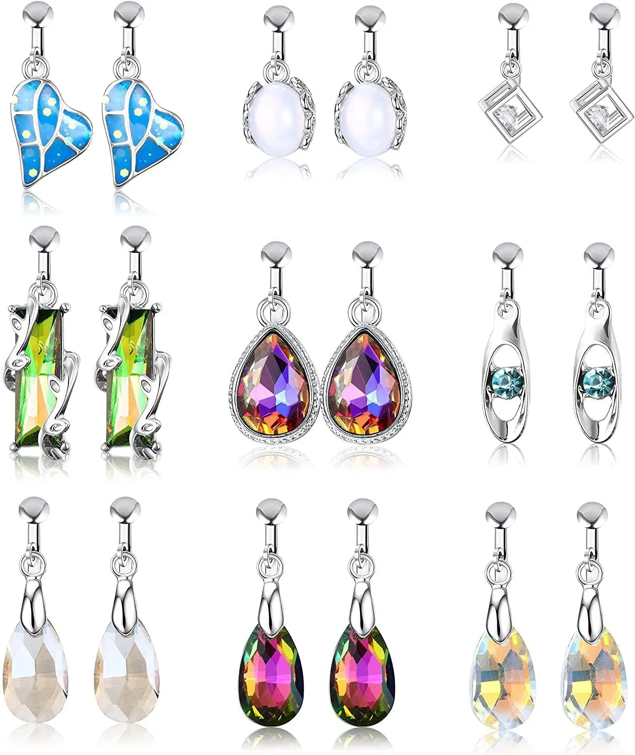 9 Pairs Clip on Drop Dangle Earrings for Women Teardrop Boho Opal Moonstone Crystal Earrings Cubic Zirconia Non-Pierced Set - Grocery
