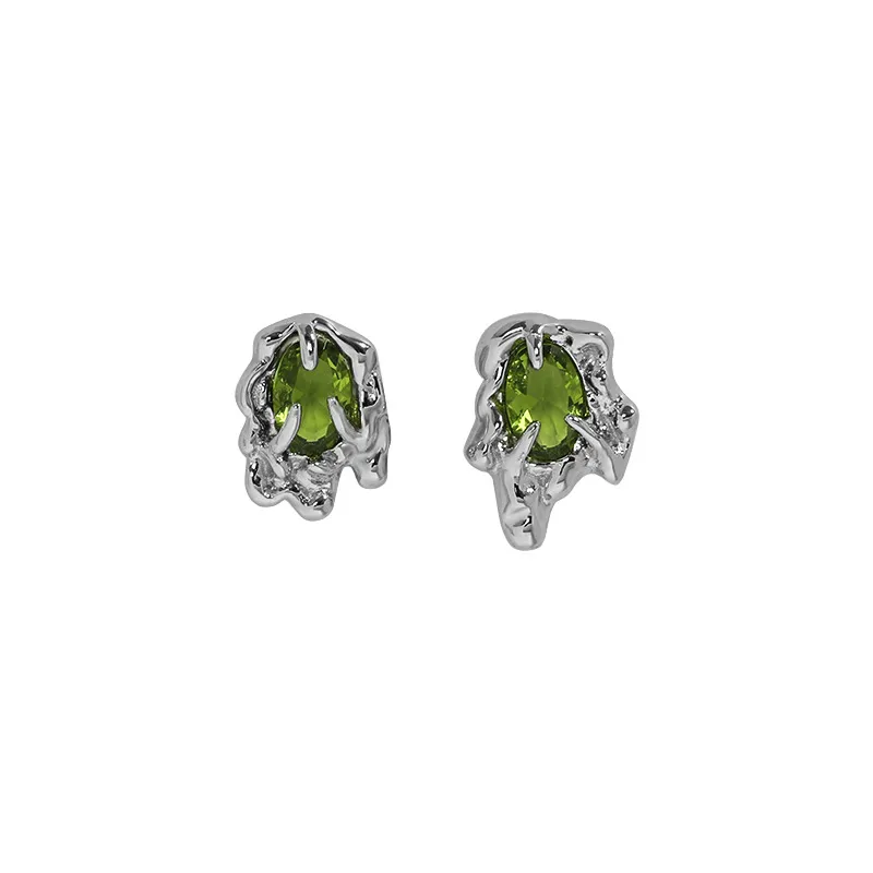 Women's Olive Green Lava Zircon Asymmetric Stud Earrings - Grocery