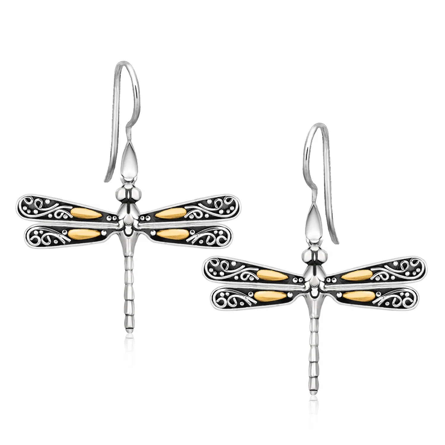 18k Yellow Gold and Sterling Silver Dragonfly Motif Drop Earrings - Grocery