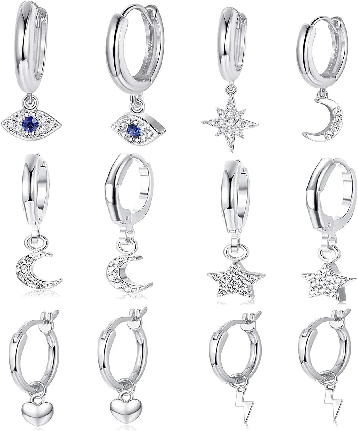 6 Pairs Huggie Hoop Earrings for Women Heart CZ Star Moon Evil Eye Dangle Hoop Cute Drop Earrings Set - Grocery