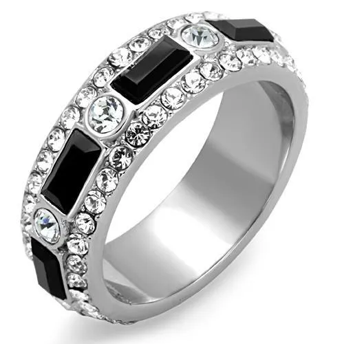 TK1677 - High polished (no plating) Stainless Steel Ring with Top Grade Crystal in Jet - Grocery