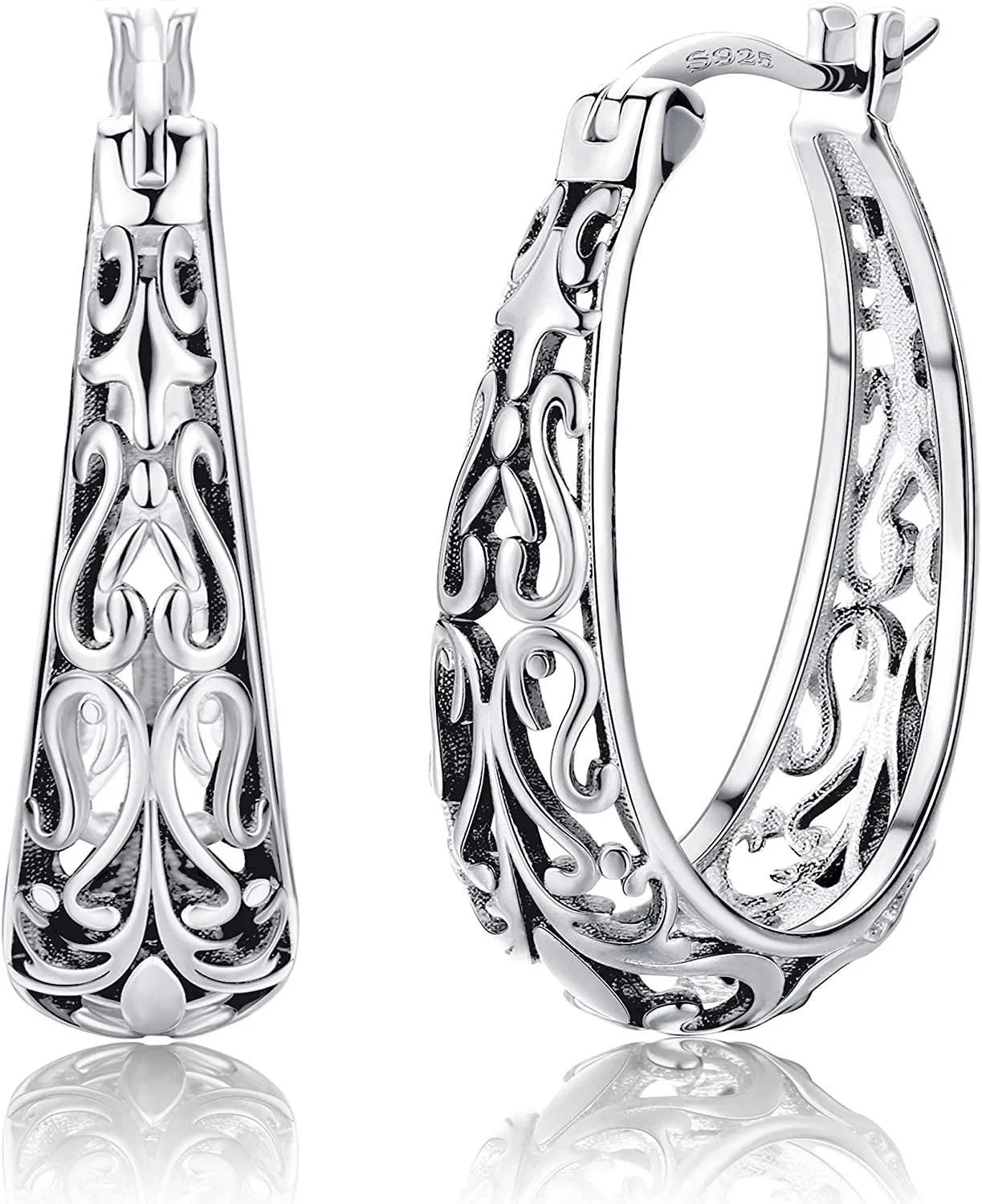 Oxidized 925 Sterling Silver Filigree Hoop Earrings for Women Vintage 14K Gold Plated Oval Hoop Earrings - Grocery
