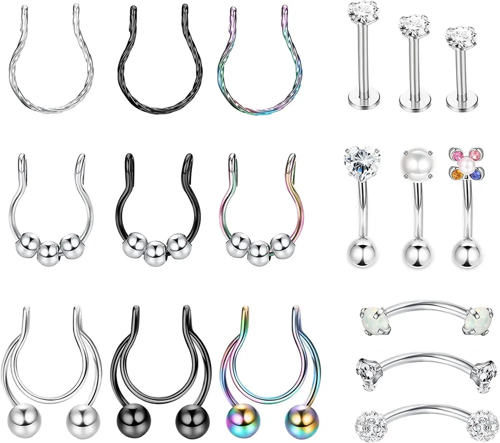18Pcs 16G Stainless Steel Rook Earrings Clip-on Fake Nose Rings Hoop Belly Lip Ring Eyebrow Studs Daith Tragus Piercing - Grocery