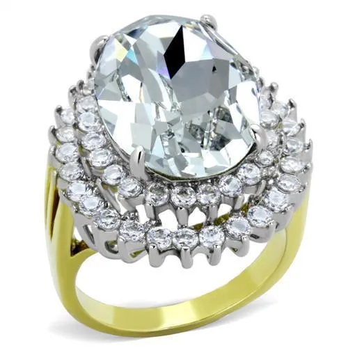 TK1894 - Two-Tone IP Gold (Ion Plating) Stainless Steel Ring with Top Grade Crystal in Clear - Grocery