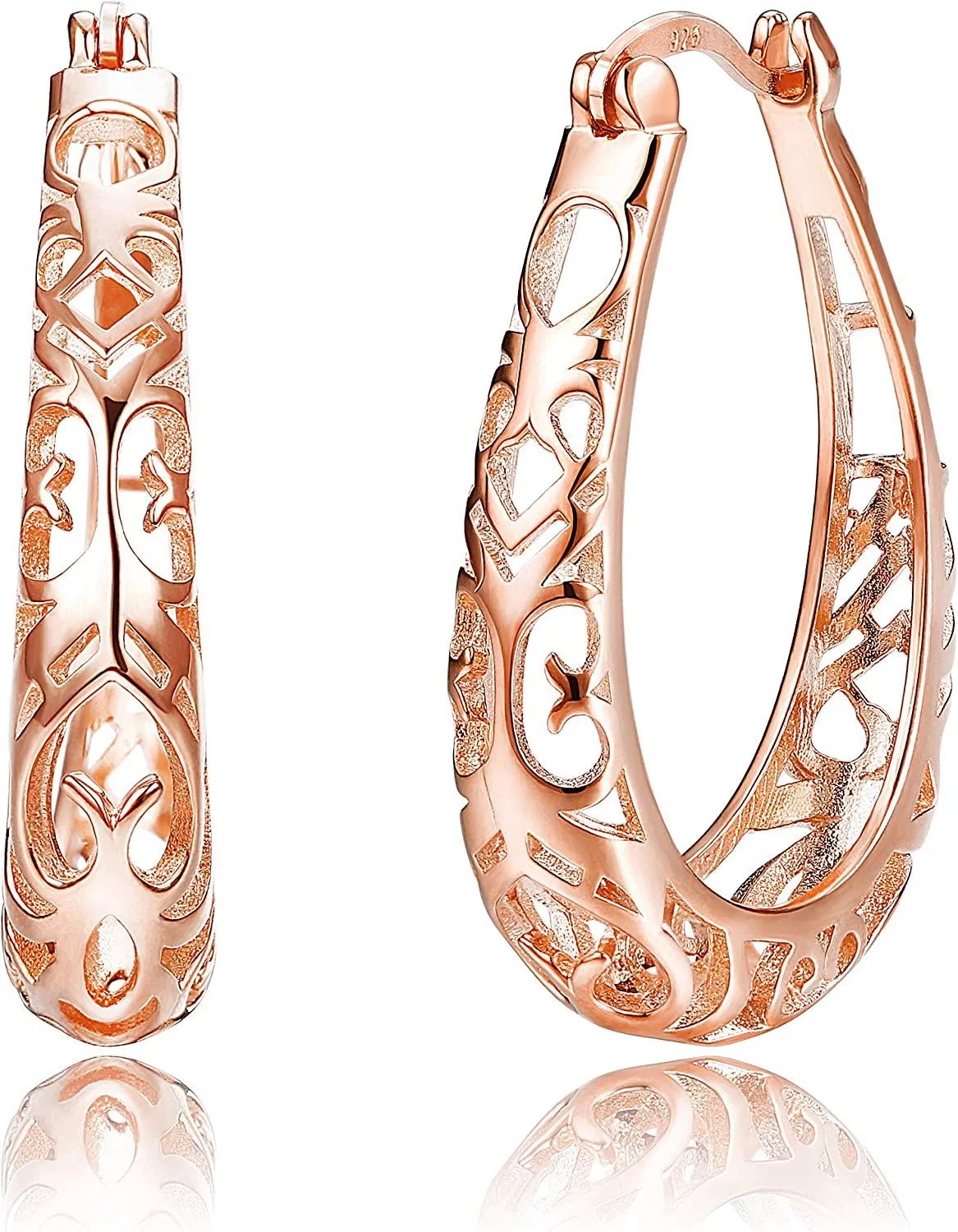 18K Gold/Rose-Gold Plated Sterling Silver Filigree Hoop Earrings for Women; 3 Colors Hypoallergenic - Grocery