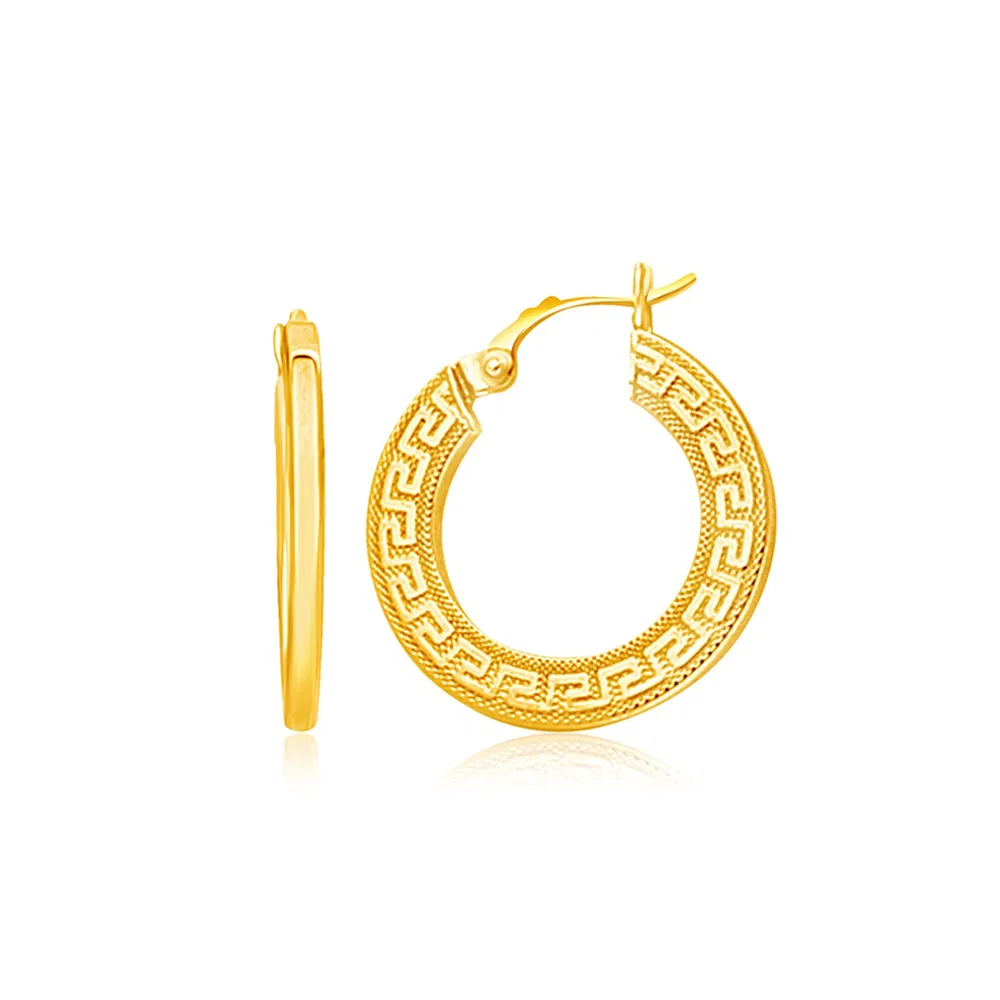 14k Yellow Gold Greek Key Medium Hoop Earrings with Flat Sides - Grocery