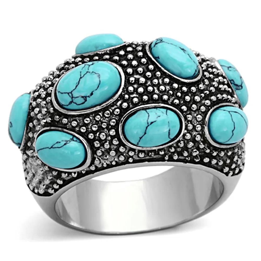 TK1308 - High polished (no plating) Stainless Steel Ring with Synthetic Turquoise in Sea Blue - Grocery