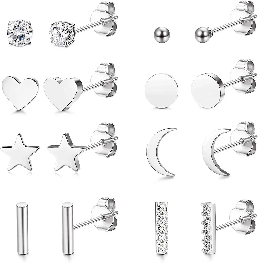 8 Pairs Stud Earrings for Women Men Cute Star Moon Heart Bar Ear Studs Dainty CZ Tiny Stud Earring Stainless Earrings Set Silver/Rose Gold/Gold - Grocery