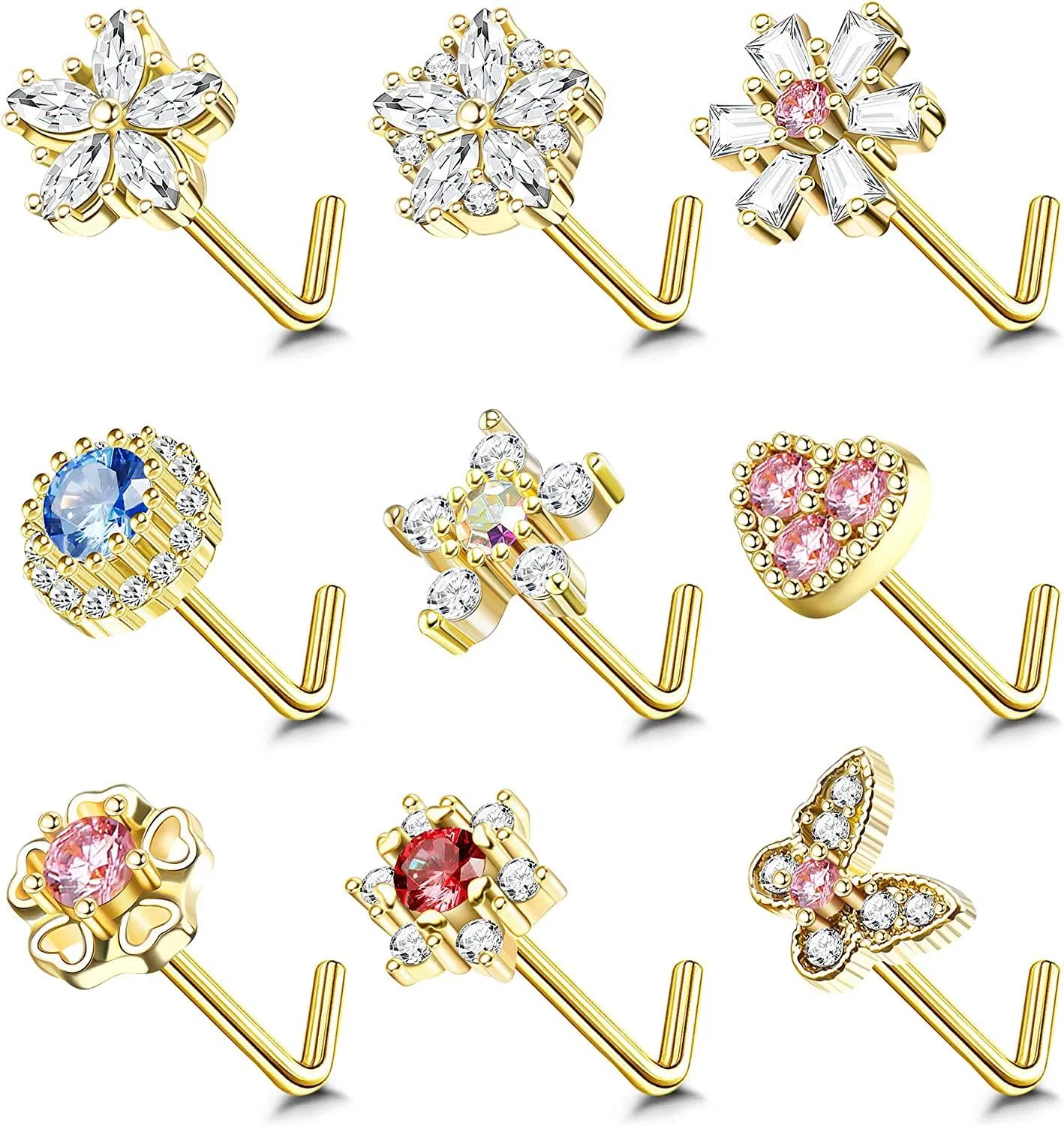 9 Pcs 20G Nose Rings Stud for Women Men Stainless Heart Butterfly L Shaped Nose Rings Star Flower Snowflake CZ Nose Piercing Jewelry - Grocery