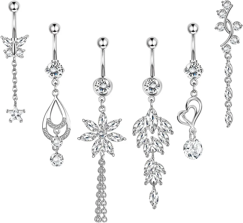 6PCS 14G Dangle Belly Button Rings for Women Stainless Navel Rings Clear CZ Barbell Body Piercing Jewelry - Grocery