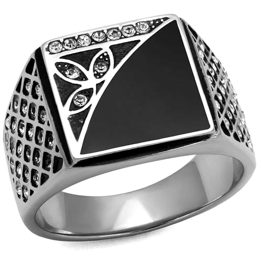 TK711 - High polished (no plating) Stainless Steel Ring with Top Grade Crystal in Clear - Grocery