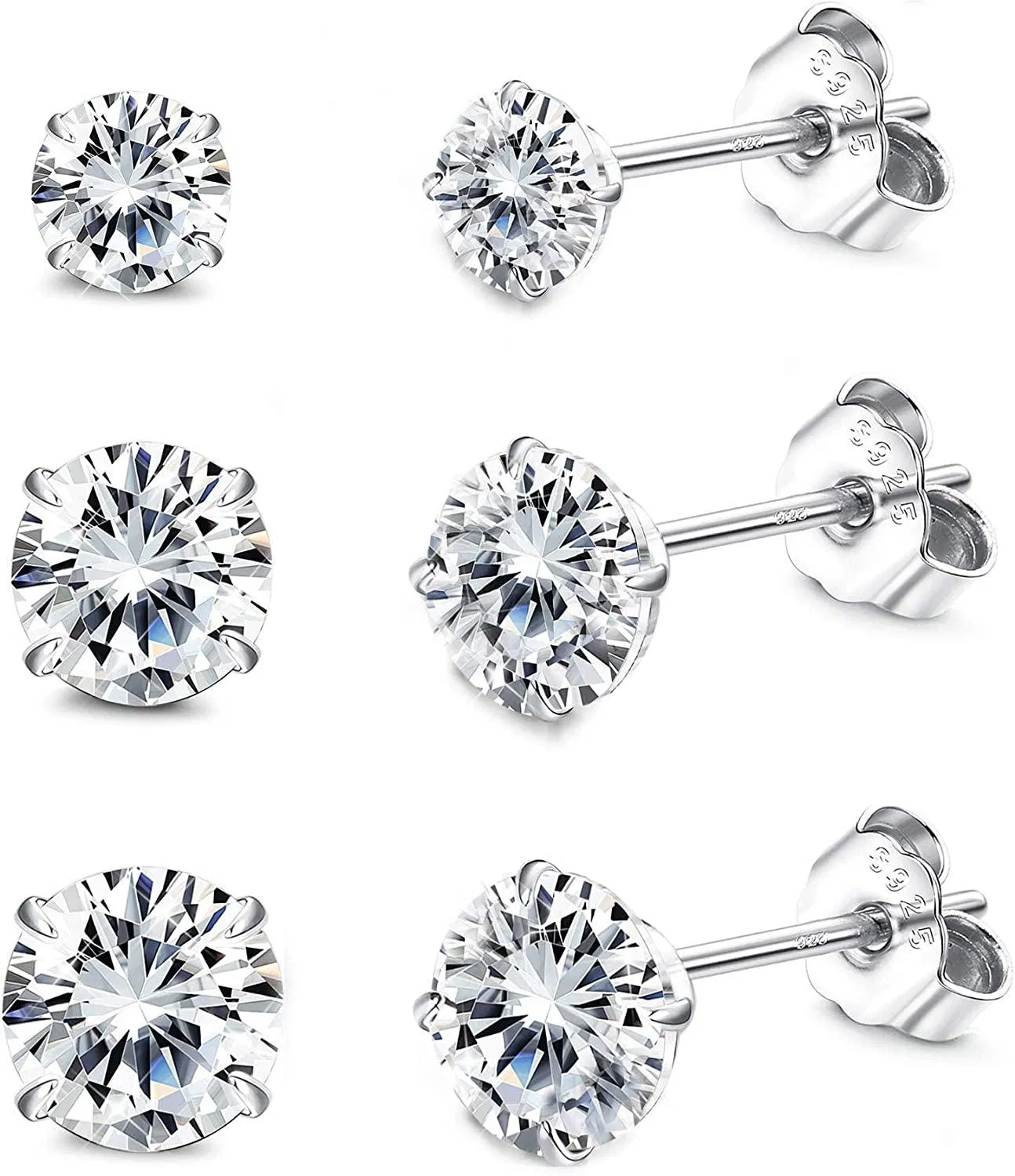 3Pairs 925 Sterling Silver Stud Earrings Set 4-6mm Tiny Cubic Zirconia Ear Studs for Women Men Cartilage Stud Earrings - Grocery