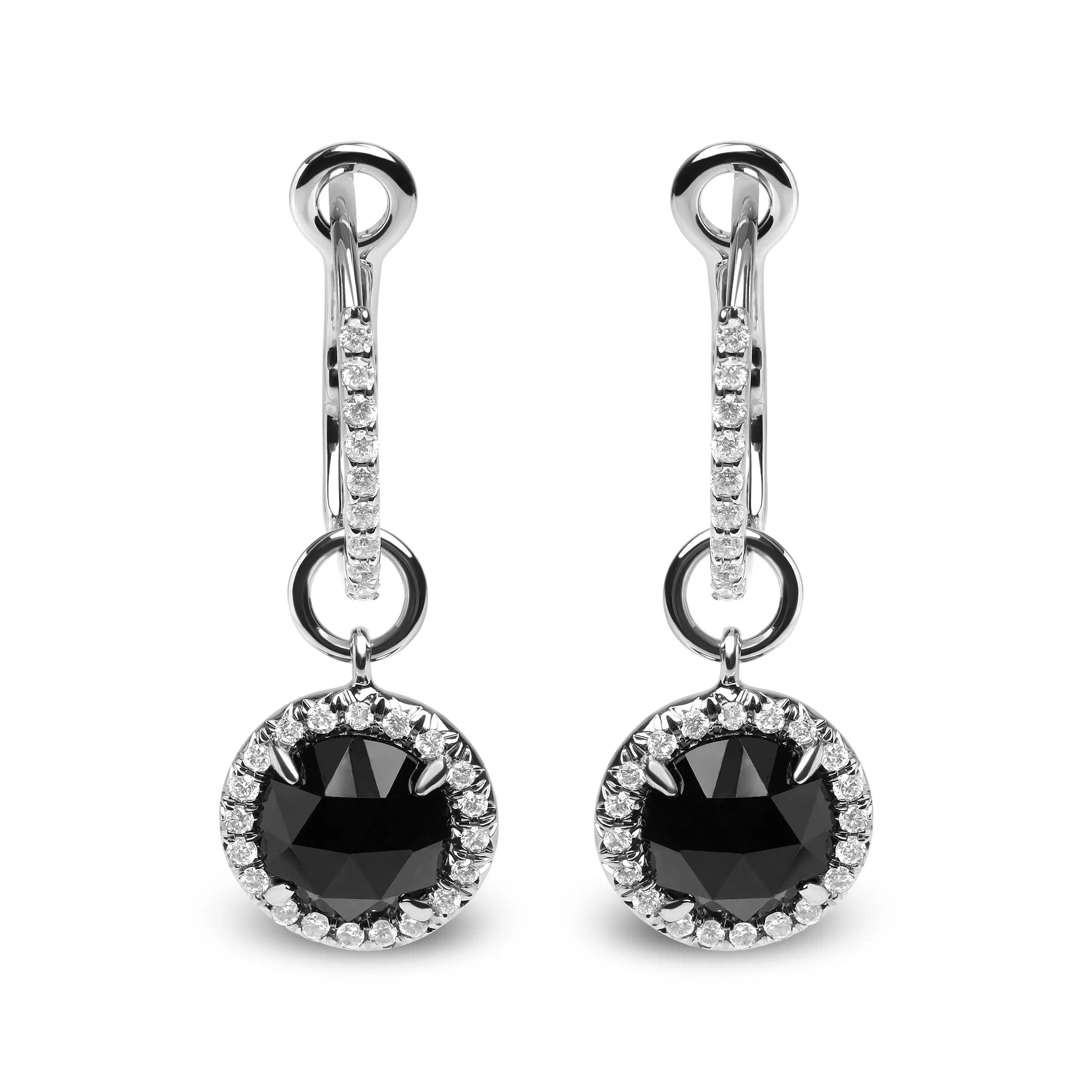18K White Gold 1/3 Cttw Diamond and 7mm Round Black Onyx Gemstone Halo Dangle Hoop Earrings (G-H Color, SI1-SI2 Clarity) - Grocery